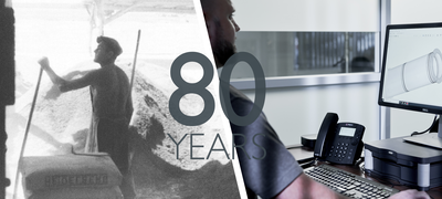 Grafik zum 80-jährigen Jubiläum von Schiedel, die die Entwicklung des Unternehmens von der historischen, manuellen Fabrikarbeit bis hin zum modernen, digitalen CAD-Design zeigt. Text: „80 YEARS“.