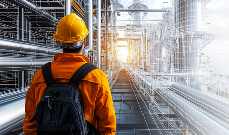 Ingenieur betrachtet technische Zeichnung von Abgassystemen