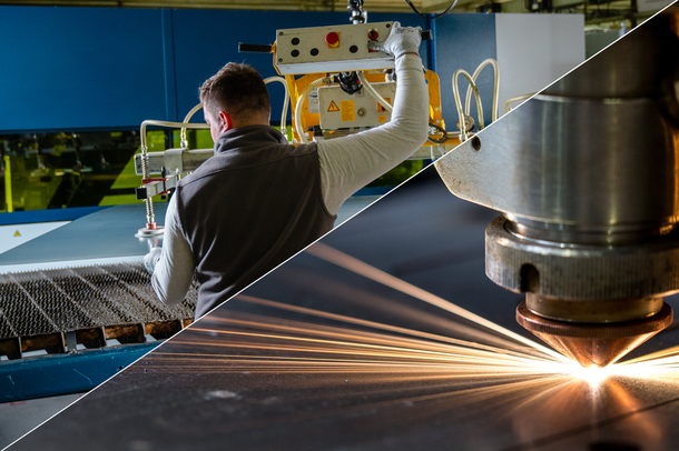 Laser zum Schneiden von Edelstahlplatten mit Mitarbeiter