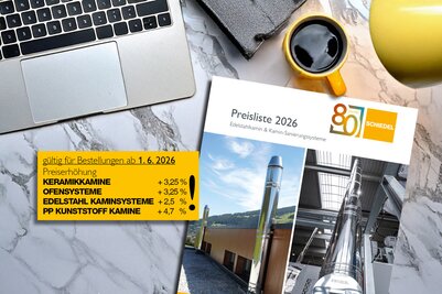 Preisliste 2026 Edelstahl Kamine auf einem Bürotisch