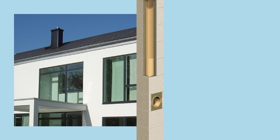 Schiedel kémény illusztráció egy kéményes családi ház előtt