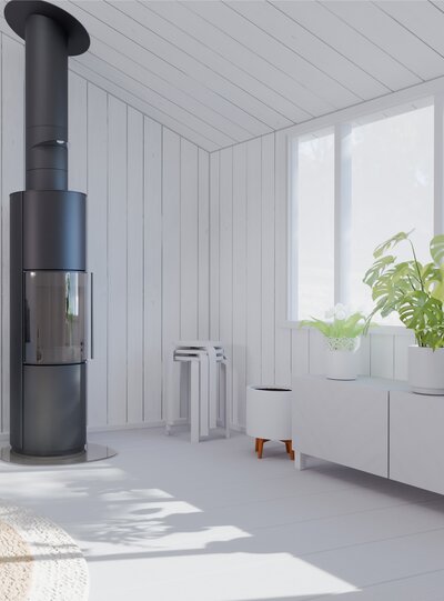 Moderne peisovn med tidløst design og stor glassfront som passer i de fleste hjem.