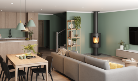 Brændeovn i hjørne af rum