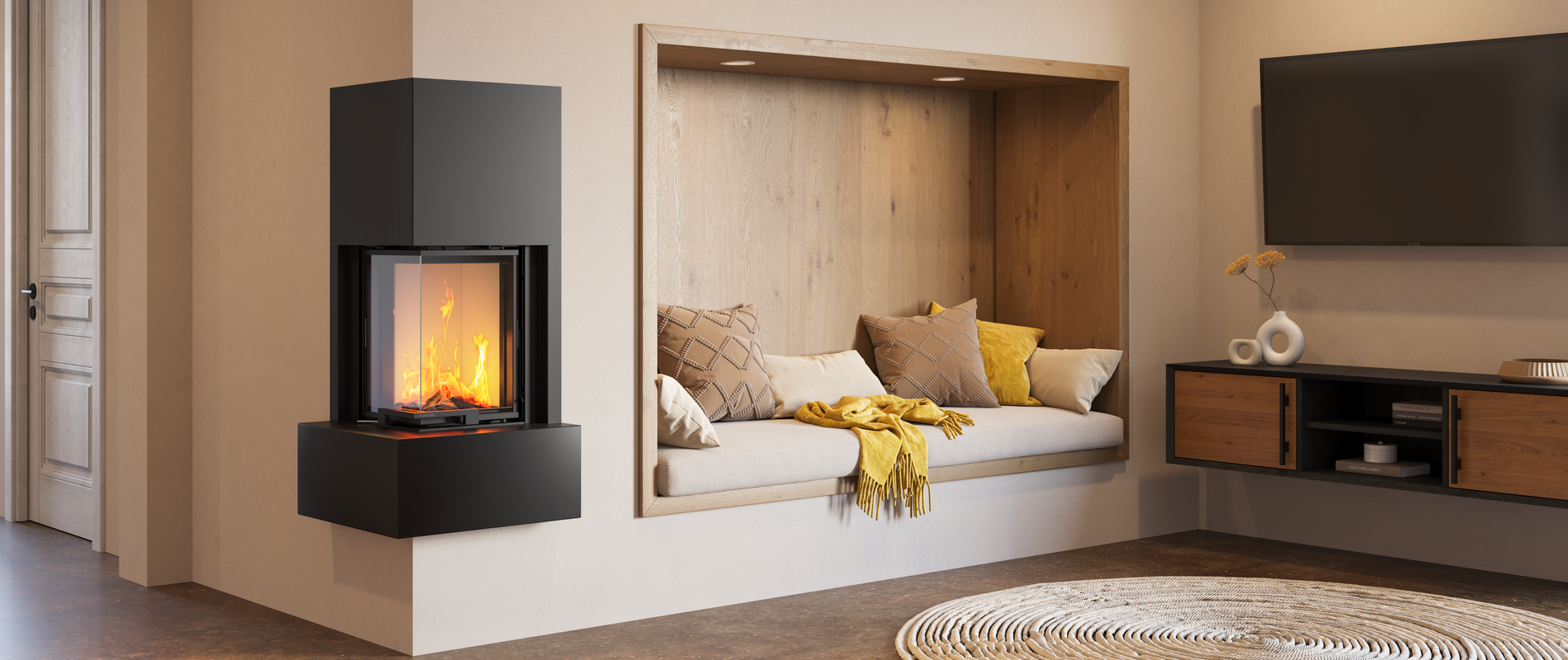 Rohový KINGFIRE KANTO PODIO v obývacím pokoji