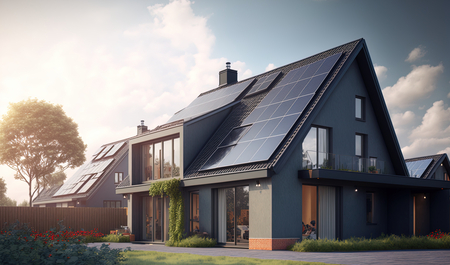 Moderný dom s komínom v hrebeni strechy | © AdobeStock 554397802